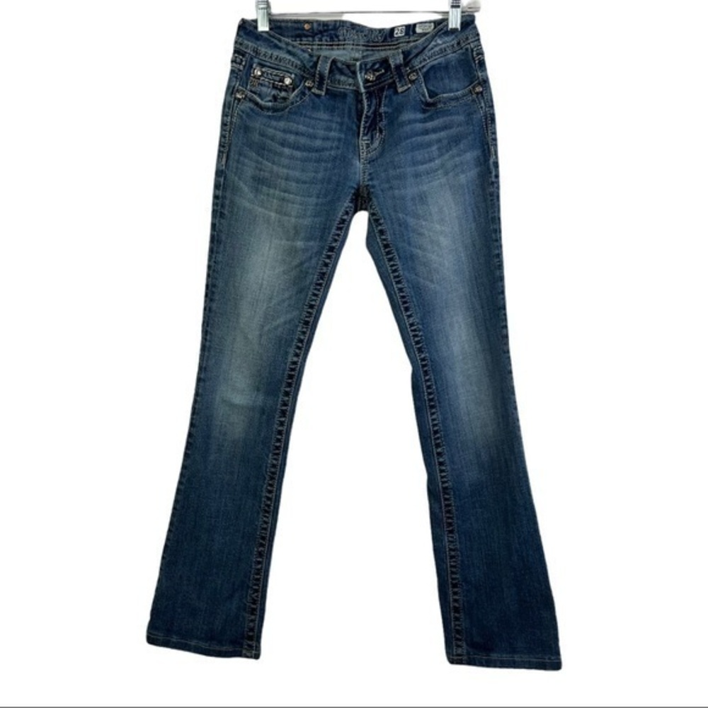 Miss Me Women's Dark Wash Mid Rise Embroidered Feather Pocket Boot Cut Jeans 28